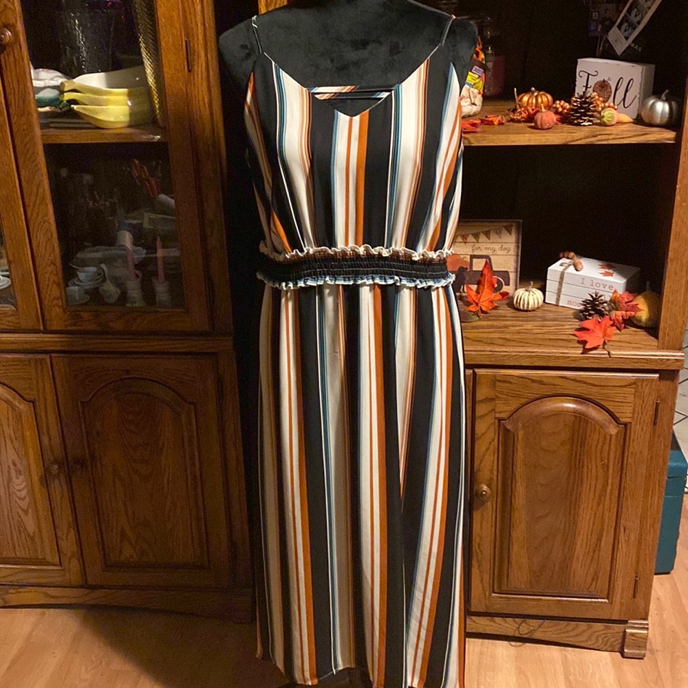 Striped Sleeveless Midi Dress in Black, Orange & Cream